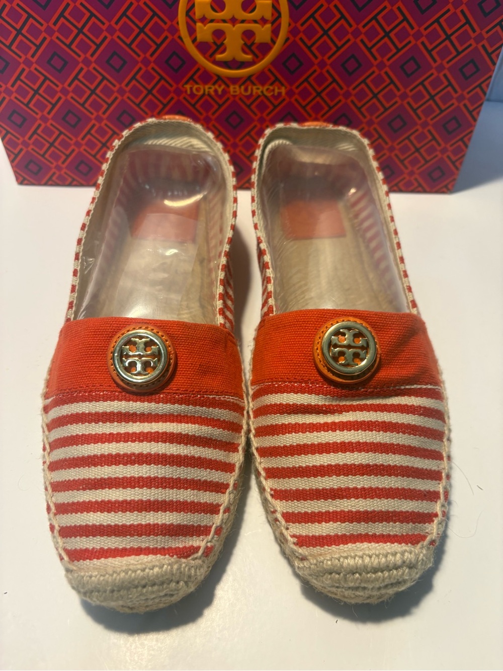 Tory Burch Orange and Cream Striped Canvas Espadrilles with Gold Logo